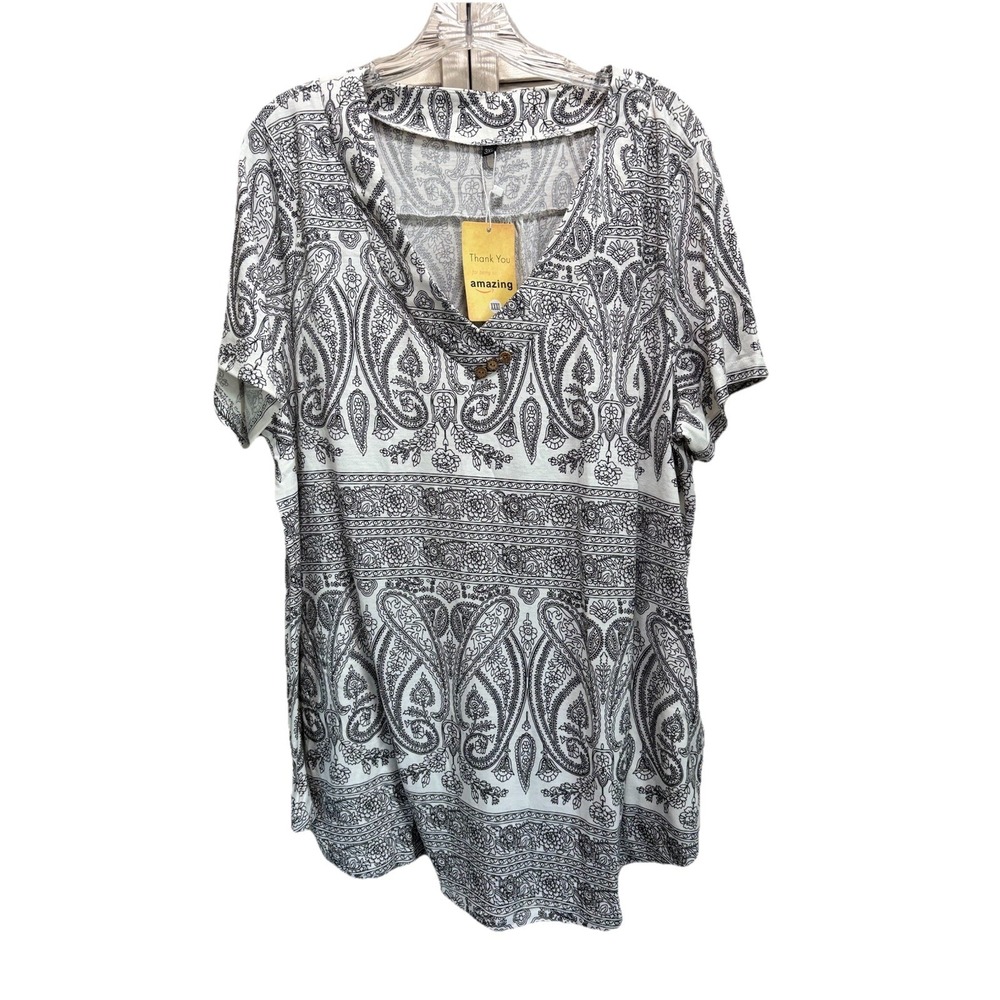 Allegrace White/Blk Paisley V Neck Short Sleeve Size 3XL Flowy Boho Plus‎
